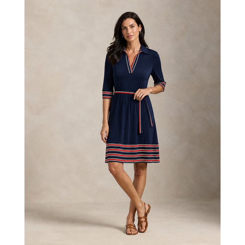 En Focus Studio Navy Blue Stripe Detail Dress NWT Size 14 Belted